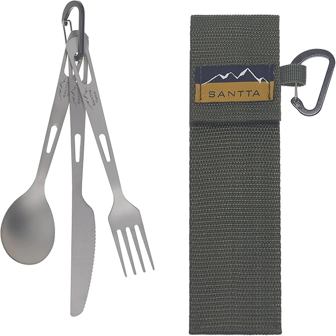 SANTTA Titanium Camping Utensils Ultra Light Spoon Fork Knife 3 Piece Set Cutlery Set with Pouch and Carabiner for Outdoor Camping Hiking Backpacking Hiking Picnic and Travel