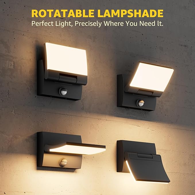 Motion Sensor LED Outdoor Wall Light 2-Pack Rotatable Adjustable Wall Sconce IP65 Waterproof Porch Light for House Garage Patio 3000K Warm White Matte Black Aluminum