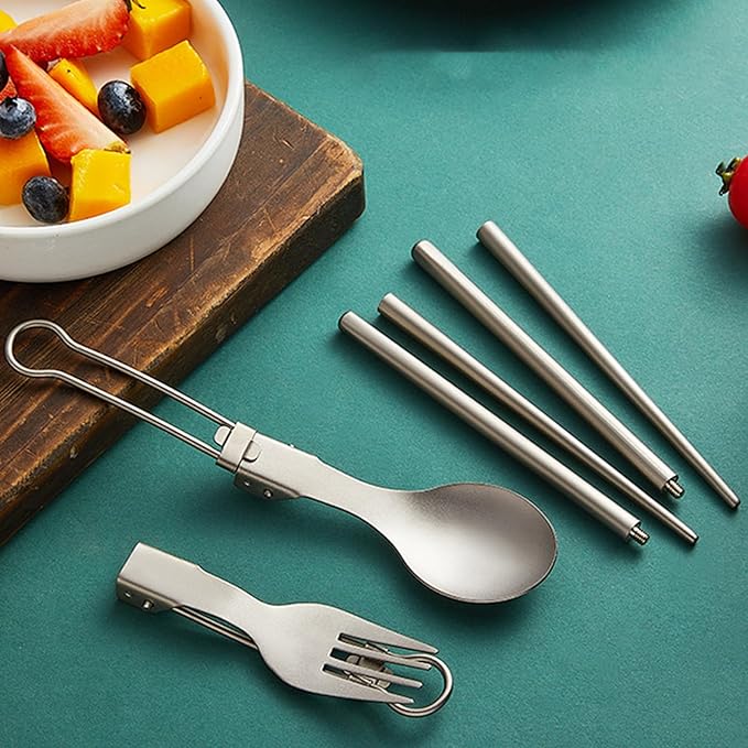 Folding Travel Camping Cutlery Set Portable Utensil Light Weight Metal Fork Spoon Chopsticks Flatware Dishwasher Safe Portable Camping Cutlery Set for Outdoor Dining Travel Hikings