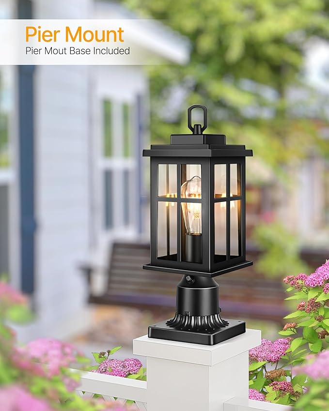 2 Pack Outdoor Post Lights Black Dusk to Dawn Post Lights Outside Waterproof Outdoor Column Lantern for House Garden Doorawy Backyard 100% Aluminum