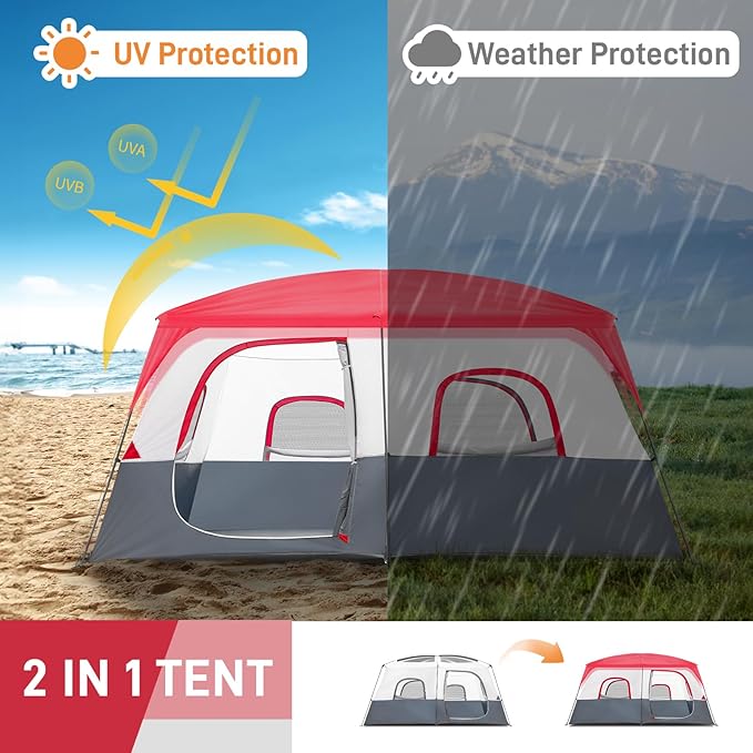 430 * 430 * 210cm Polyester Cloth Fiberglass Poles Can Accommodate 14 People Camping Tent Red and White