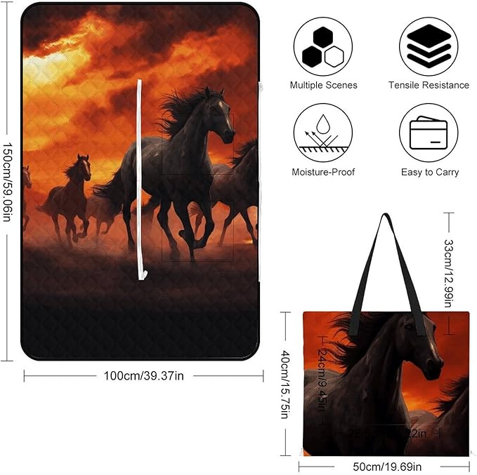 Zipper Horses Red Glowing Clouds Style Picnic Mat Suitable for Travel Camping Park Or Home Use