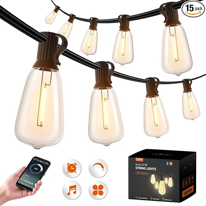 addlon 48FT Smart Outdoor String Lights Dimmable Patio Lights with 15 Waterproof LED Edison Bulbs String Lights for Outside Work with APP Control Music Sync Outdoor Lights for Bistro Backyard Party
