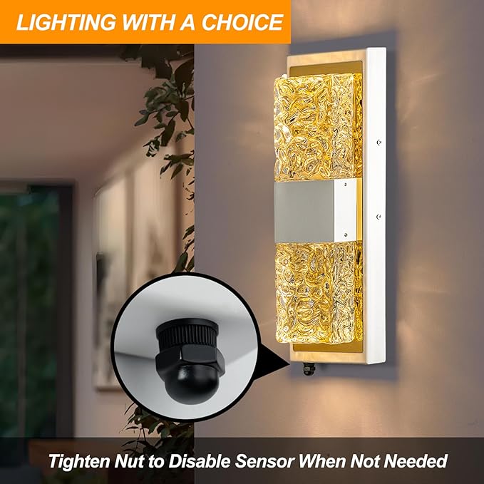 Dusk to Dawn Outdoor LightingExterior Lighting Fixtures IP65 Waterproof Porch Lights Outdoor 12W LED Crystal Modern Outside Wall Sconce for Porch Hallway Doorway Patio14.2'' White&ampGold