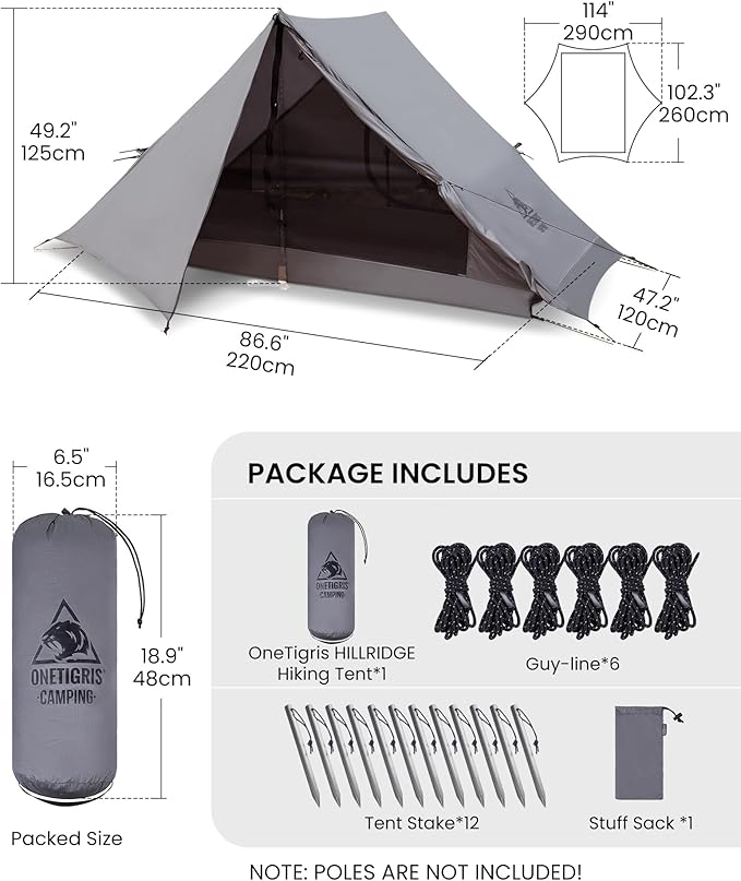 OneTigris HILLRIDGE Backpacking Tent Waterproof Windproof 2 Person Tent 20D SIL-Coated Nylon Single Layer Ultralight 3 Season Tent for Camping Hiking Canoeing Travel