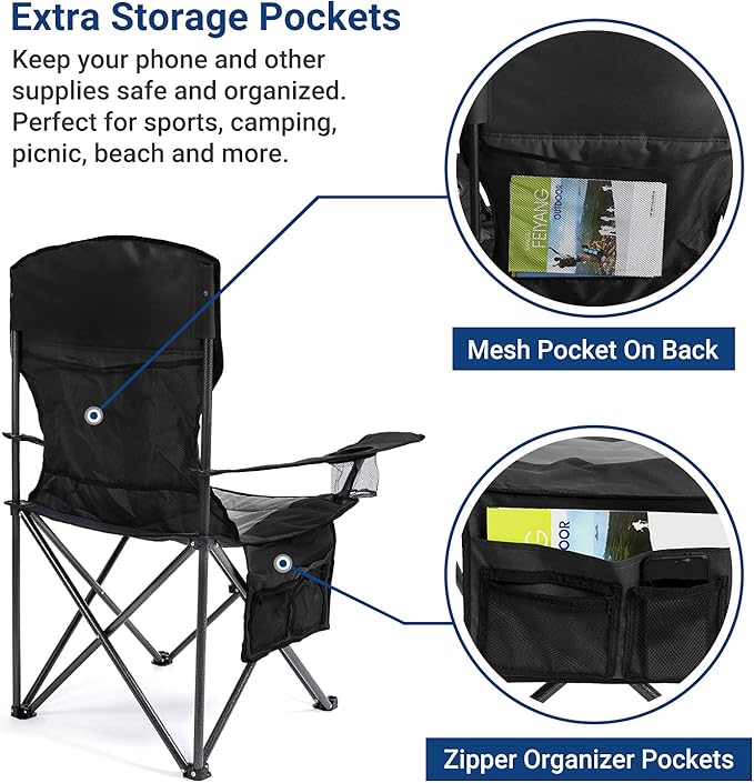 AsterOutdoor Camping Folding Chair Padded Quad Arm Chair with Large Cup Holders Side Organizer &amp Back Pocket for Outdoor Camp Indoor Patio Fishing Supports 350lbs