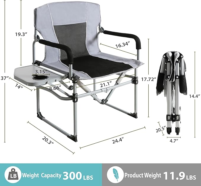 SHALLWE Oversized Director Chairs No Assembly Heavy Duty Folding Chair with Side Table for Camping Fold Up Outdoor Lawn Chairs for Adults Light Grey