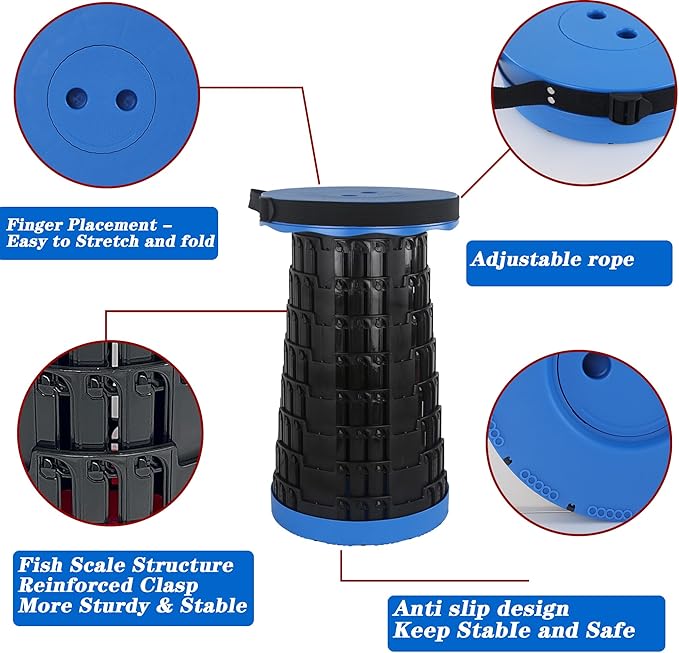 Collapsible Stools for Adults Portable Collapsible Stool Folding Stool Lightweight with Sturdy Versatile Telescoping for Camping Hiking BBQ Outdoor Adventure (Load Capacity 440lbs Blue)