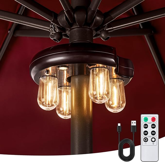 Patio Umbrella Light with Remote Control Rechargeable Cordless LED Edison Bulbs Pole Light with 10 Brightness Levels for Garden Patio Backyard Camping or BBQ - Brown (1 Pack)