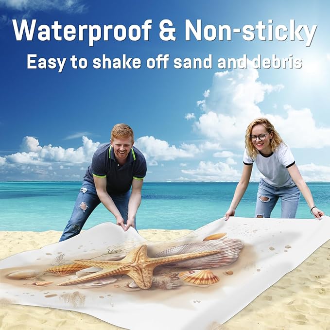 Waterproof Sandproof Beach Blanket 59''×68'' Oceans Polyester Outdoor Picnic Blanket with 4 Stakes &amp Storage Bag for BeachCampingVacation Starfish
