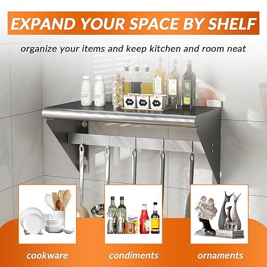 Commercial Stainless Steel Shelf with 5 Hooks 12 x 24 Wall Mounted Food Service Storage Rack Shelves Heavy Duty 250 lb Metal Shelf for Kitchen Restaurant Food Truck Garage Laundry Room