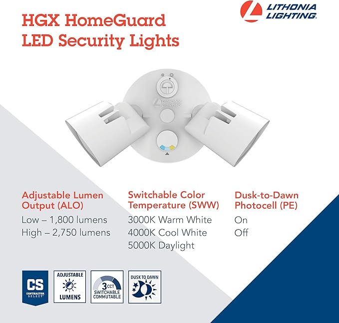 Lithonia Lighting HomeGuard 2-Light LED Outdoor Flood Lights Outdoor LED Lights Dusk to Dawn Sensor Adjustable Lumens Selectable Color Round Heads White (HGX LED 2RH ALO SWW2 120 PE WH M2)