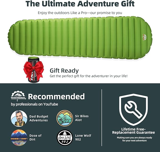 Gear Doctors ApolloAir 5.2 R-Value [17oz] Ultralight Insulated Inflatable Camping Sleeping Pad — Backpacking Sleeping Pad — Camping Mattress Compact Lightweight for Hiking—Air Mattress for Backpacking