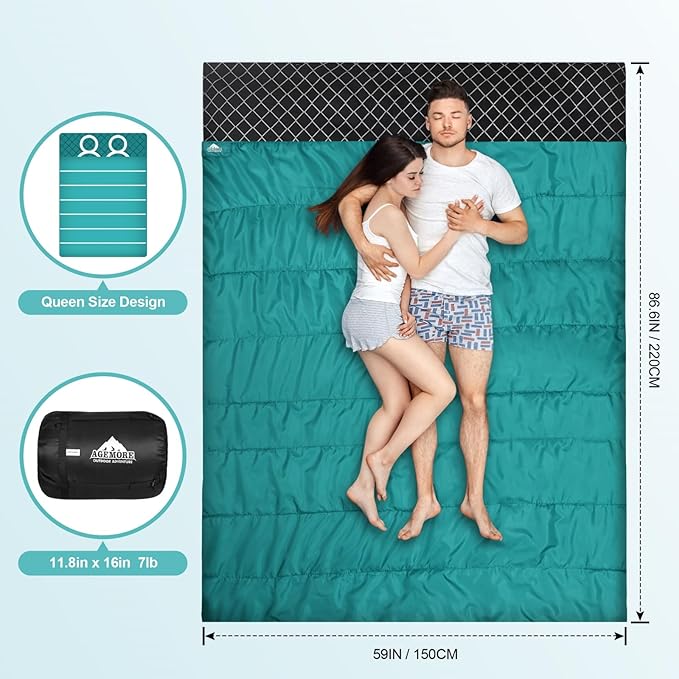 AGEMORE Cotton Flannel Double Sleeping Bag for Camping Backpacking Or Hiking. Queen Size 2 Person Waterproof Sleeping Bag for Adults Or Teens. Lightweight with Compression Sack