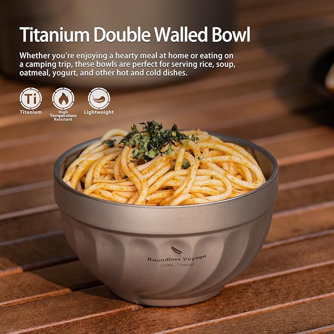 iBasingo 500ML Titanium Bowl Double Wall Insulated Camping Bowl for Soup Rice &amp Food Ultralight Portable &amp Durable Metal Tableware for Outdoor Hiking Backpacking - BPA-Free Non-Toxic Ti116