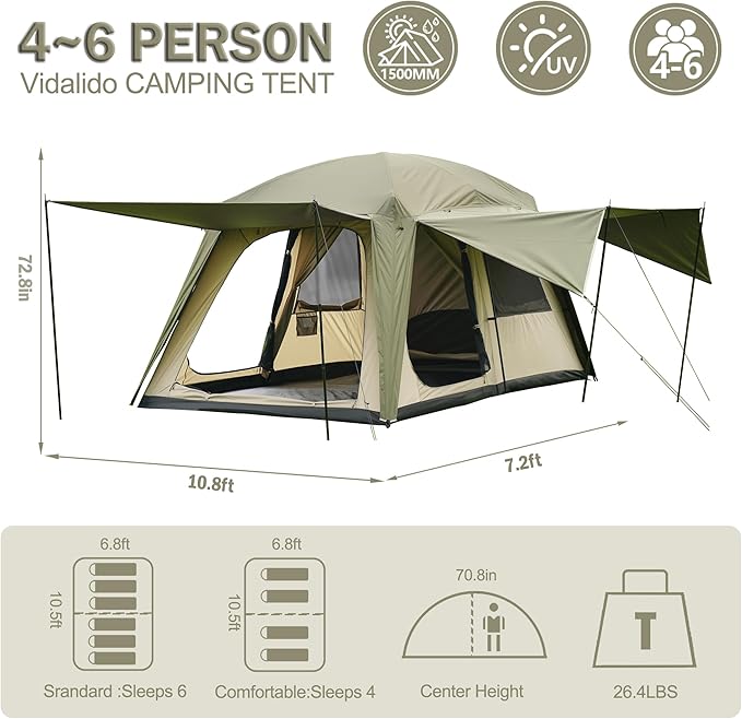 Vidalido 4-6 Person Camping Tent with 3 Door 2 Room Large Family Cabin Tents Double Layer Waterproof Portable Glamping Tent Big Tents for Outdoor Camping Hiking and Backpacking