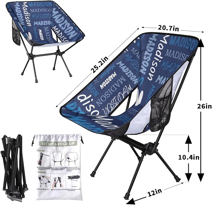 Custom Camping Chair Personalized Portable Backpacking Chair with Name Lightweight Folding Chair for Beach Hiking Blue
