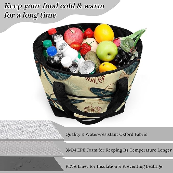 Insulated Shopping BagLarge Reusable Cooler Bags Dragonfly Printed Foldable Shopping BagTravel Waterproof Shoulder Bag
