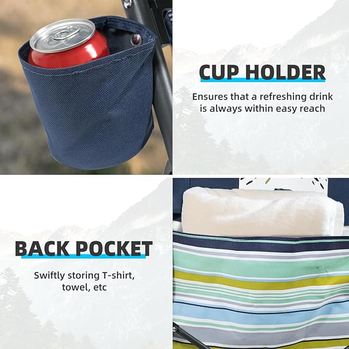 Portable Folding Beach Chair for Adults - Lightweight Low Back Sling Chair with Storage Pocket 300lbs Capacity Camping Chair for Outdoor Lawn Concert Travel (Orange-Colour Striped)