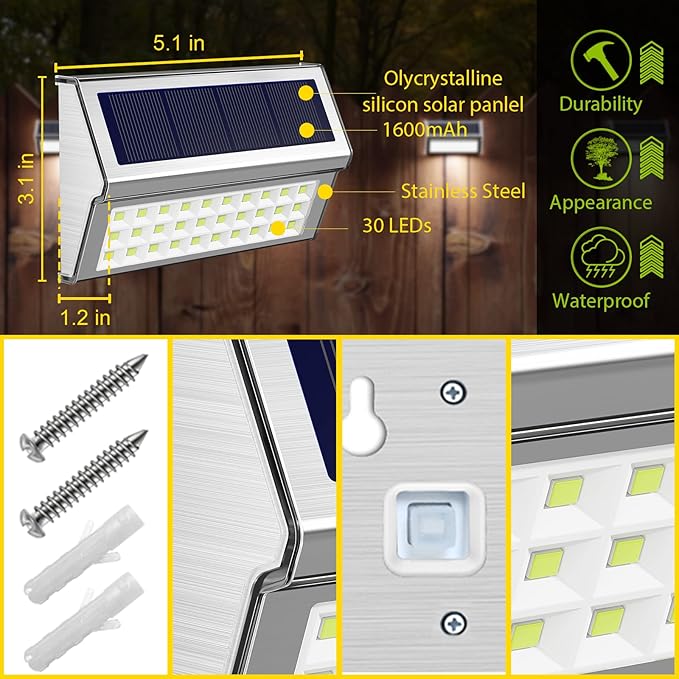 ROSHWEY Solar Lights Outdoor 6 Pack 30 LED Deck Lights Solar Powered Waterproof Outside Stair Light Fence Post Lamp Outdoor Decor for Patio Step Pool Yard Walkway Cool White Light