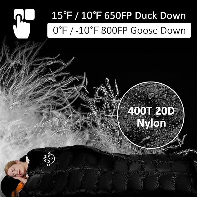-10°F 0°F 10°F 15°F Down Sleeping Bag for Adults800/650 Fill PowerUltralight Wearable 4 Season Cold Weather Rectangle Sleeping Bag for Camping HikingCan be Used as a Down Blanket or Cloak