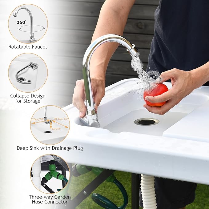 Fish Cleaning Table with Sink Portable Camping Table w/Flexible Faucet &amp Sprayer Drainage Hose Hook Up Outdoor Fish Cleaning Station for Garden Backyard Kitchen (with Sprayer)