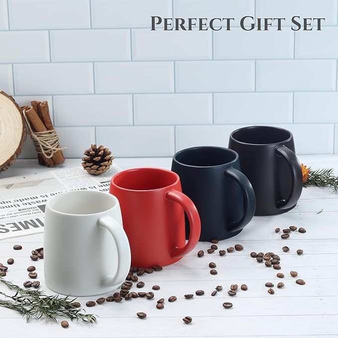 Classic Mug 14 oz Large Coffee Mug with Handle Ceramic Porcelain Tea Cup Smooth Matte (Sliding Lid Set of 2 White and Black)