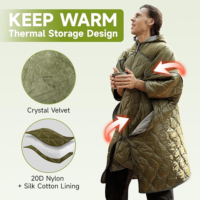 Sleeping Bag with Inflatable Sleeping Pad Wearable Blanket Insulated Poncho Hooded Sleepingbag Quilt for Winter Camping Hiking Sports