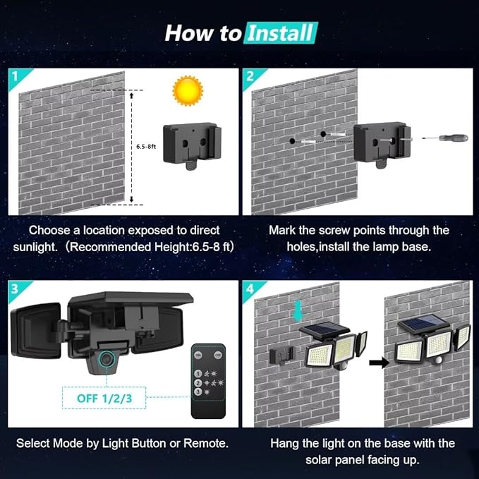 Tuffenough Solar Outdoor Lights 2500LM 210 LED Security Lights with Remote Control3 Heads Motion Sensor Lights IP65 Waterproof270° Wide Angle Flood Wall Lights with 3 Modes(4 Pack)