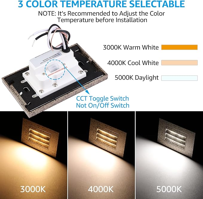 LEONLITE 3CCT Line Voltage 120V LED Step Lights 5W Dimmable 5%-100% 3000K/4000K/5000K Selectable Indoor Outdoor Stair Light Die-cast Aluminum CRI90 ETL Listed Pebble Grey Pack of 6
