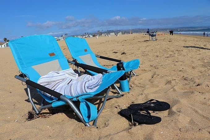 Nice C Low Beach Chair Beach Chairs for Adults 2 Pack Sling Folding Portable Concert Kids Boat Sand Chair with Cup Holder &amp Carry Bag (2 Pack of Blue)
