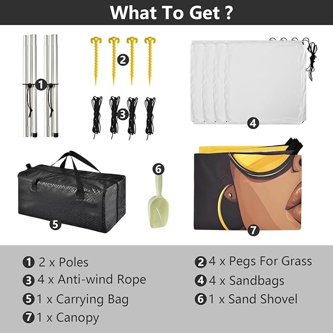 ALAZA African American Woman Sunglasses Beach Tent Sun Shelter UPF50+ Protection Beach Shade Canopy w/ 4 Sandbags for Outdoor Camping Fishing Backyard Fun Picnic 10x9 ft