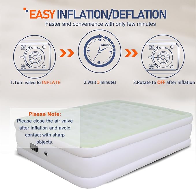 Queen Size Air Mattress with Built-in Pump Inflatable Bed Blow Up Mattress 18in Green White