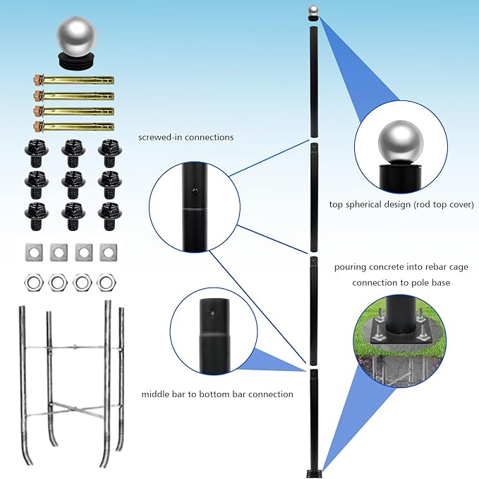 Street Light Pole 13 ftBlack Outdoor Solar Light PoleSplit Heavy-Duty Metal Adjustable Street Lamp Post with Rebar Cage and Ground Screw for Basketball CourtsStreetParking LotsPark.