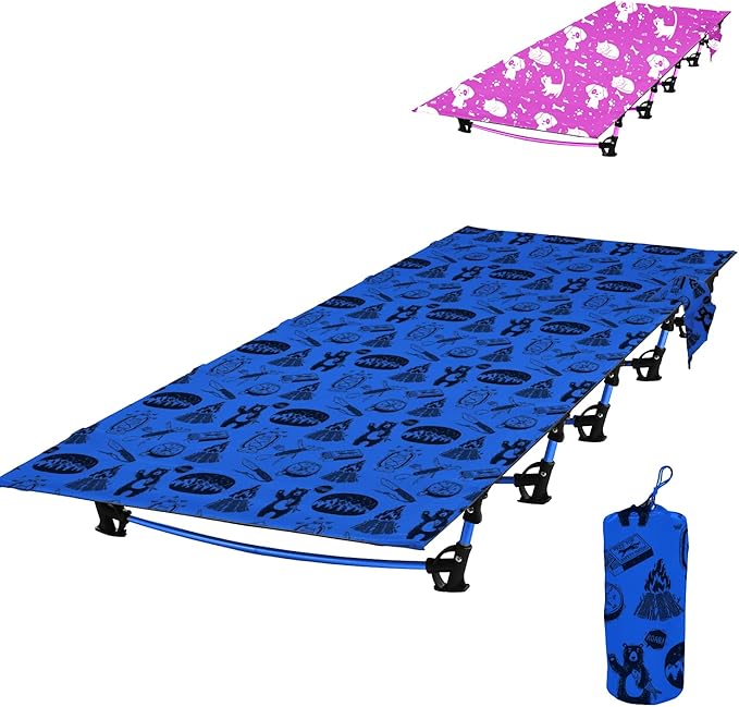 Kids Camping Cot and Toddler Travel Bed | Lightweight and Compact Cots for Sleeping | Portable Folding Cot for Toddler Kids Youth and Even Adults (Blue 63 x 23.5)