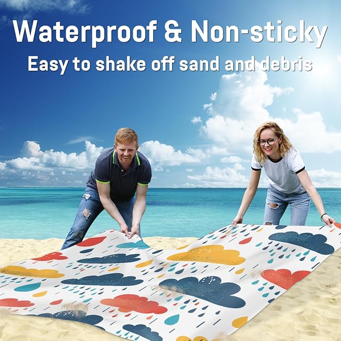 Waterproof Sandproof Beach Blanket 59''×68'' Rainbow Clouds Polyester Outdoor Picnic Blanket with 4 Stakes &amp Storage Bag for BeachCampingVacation Multi-Color