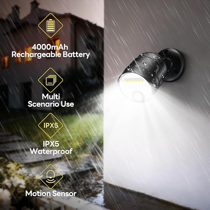 Rechargeable Battery Operated Motion Sensor Light4000mAh Battery Powered Spotlight 600 Lumen Outdoor IP65 Waterproof for PorchYardWallGarden