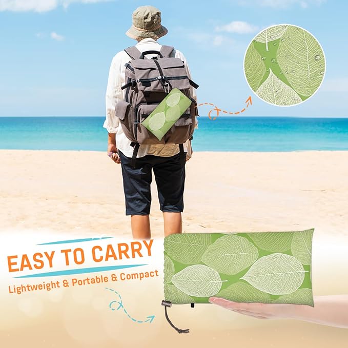 Waterproof Sandproof Beach Blanket 59''×68'' Acacia Leaves Polyester Outdoor Picnic Blanket with 4 Stakes &amp Storage Bag for BeachCampingVacation Green
