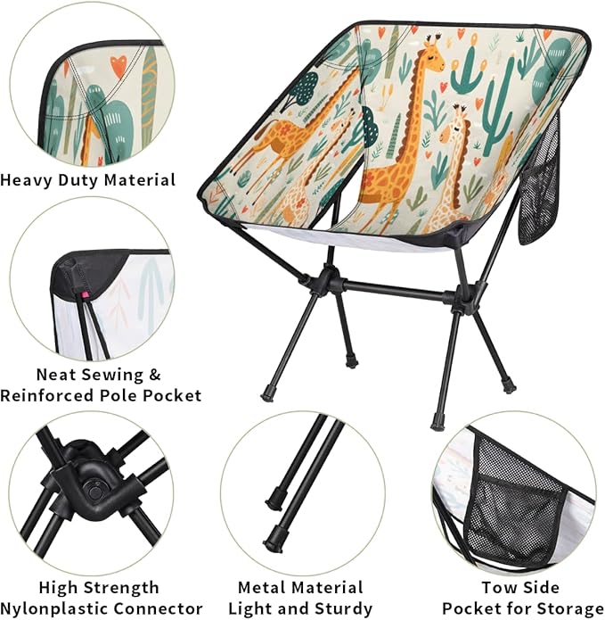 Animal Giraffe Flowers Camping Chair Lightweight Portable Chairs for Adults Easy Installation Outdoor Foldable Camping Chair for Camping Fishing Hiking Picnic Beach