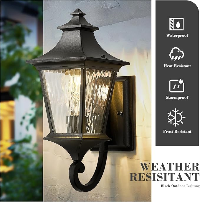 Emliviar Outdoor Light Fixture Wall Mount 15 Inch 1-Light Exterior Wall Sconce Light with Water Ripple Glass Black Finish XE292UB-SW BK
