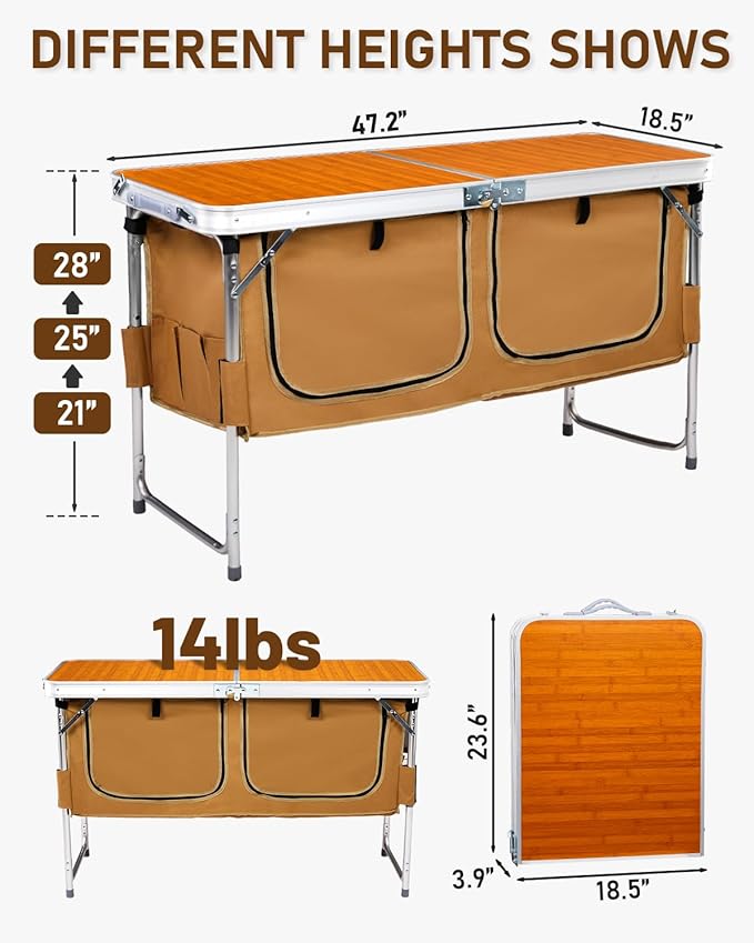 Outvita Folding Table 4FT Aluminum Camping Table with Large Storage Space and Adjustable Height Picnic Table Lightweight for Carring Outdoor Party Events Beach