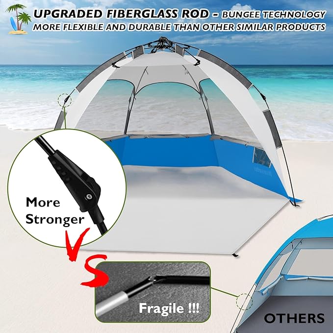6 Person Large Instant Pop Up Beach Tent UV Protection Portable Easy Setup Sun Shade Shelter for Whole Family Extended Floor with 3 Ventilating Mesh Windows for Outdoor Camping Fishing