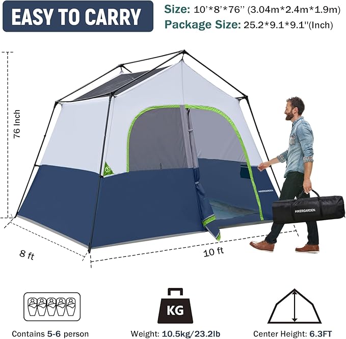 HIKERGARDEN 6-8 Person Camping Tent - Portable Family Cabin Tent for Camp Windproof Fabric Camp Tent Outdoor for Hiking Backpacking Traveling