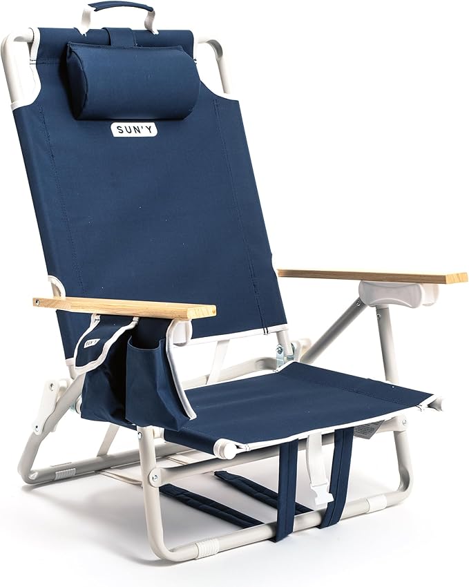 SUN'Y Escapes Backpack Beach Chair - Made w/Ocean Bound Plastics Customizable w/MOLLE Accessories Ultra Lightweight Low-Seat Natural Comfort Durable Rust Free &amp Waterproof - Nautical Navy