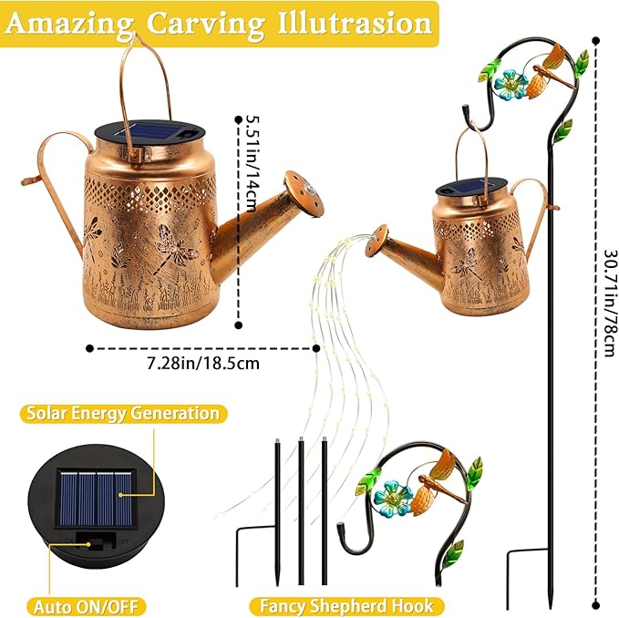 Solar Lights Outdoor Garden Decor Dragonfly Hanging Watering Can Landscape Lights Waterproof Yard Decorations for Outside Porch Patio Backyard Gardening Gift for Mom Grandma Women Birthday