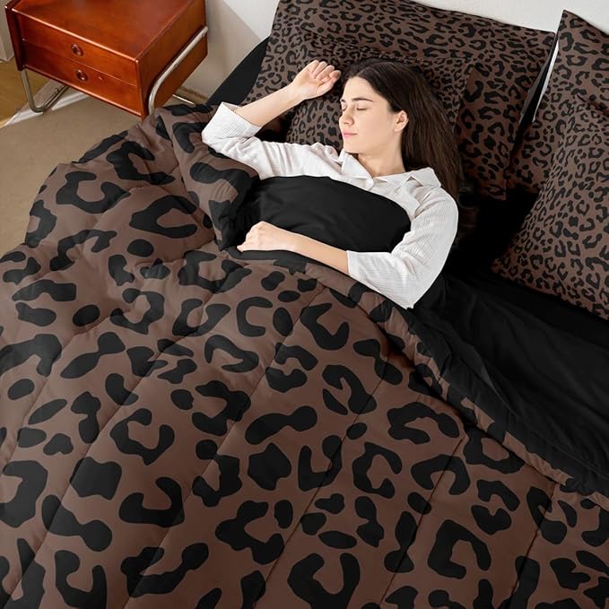 jejeloiu Brown Black Leopard Comforter Set with SheetsPillowcases &amp Cushion Cover Kids Animal Print 7 Piece Bedding Set Twin Size Safari Bed in a Bag for Women Men Room Decor Microfiber Cheetah