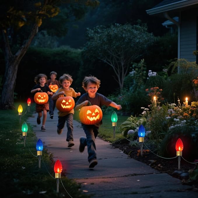 2 Pack Jumbo C9 Christmas Pathway Lights Outdoor Total 14FT 8-Light Multicolor Diamond Connectable Plug in for Walkway Fence Yard Garden