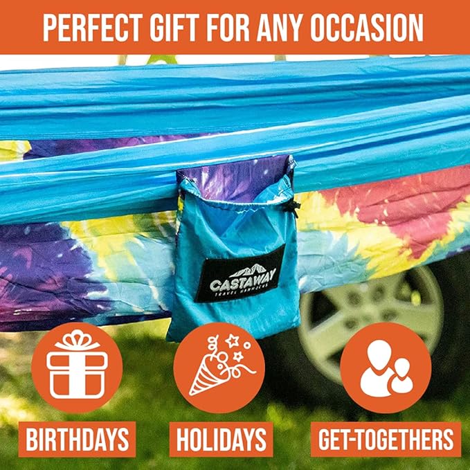 Castaway Travel Hammocks Double Tie Dye Camping Hammock with 2 Tree Straps Triple Stitched Durable Nylon Material Compact Design for Backpacking Travel Beach Backyard Patio Hiking