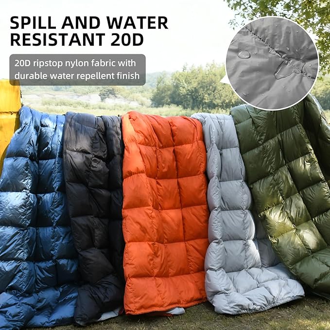 Down Camping Blanket - Lightweight Packable Warm &amp Puffy Outdoor Travel Quilt for Sleep Hiking Backpacking Stadium Festivals Water-Resistant Sleeping Bag 55x79