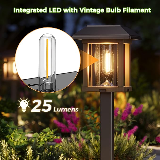 XMCOSY+ 4-Pack Solar Pathway Lights Outdoor 25 Lumens Vintage Edison LED Landscape Lighting IP65 Waterproof Seeded Glass &amp Metal Stakes Solar Powered Garden Lights for Yard Patio Walkway Drivewa